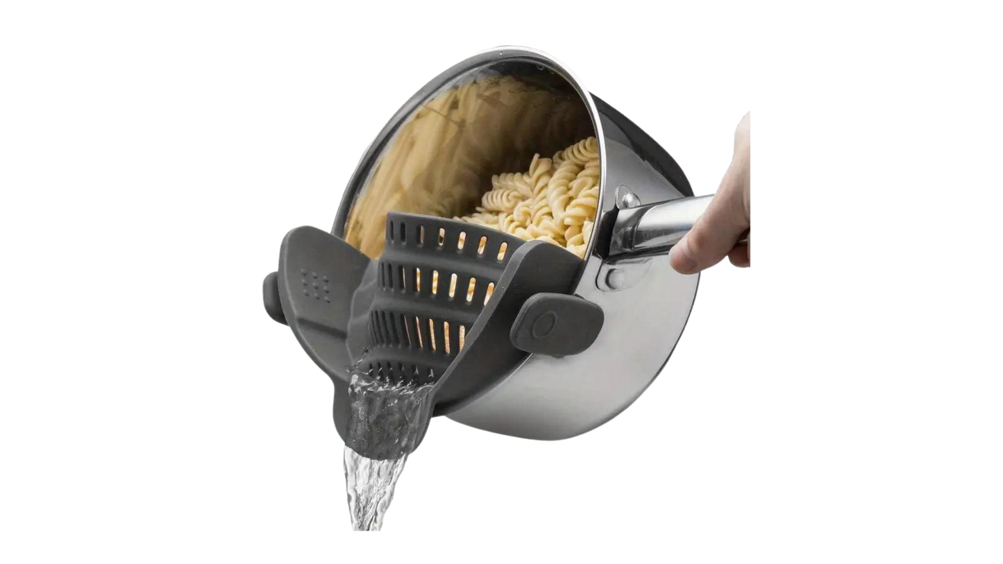 Pot strainer with grey perforated silicone insert and side handle