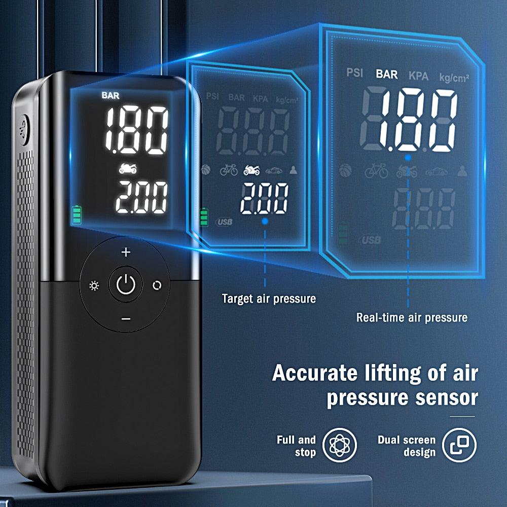 Black portable inflator pump with dual digital pressure screens and LED status indicators.