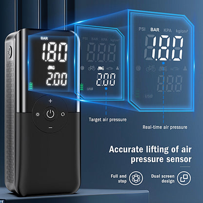 Black portable inflator pump with dual digital pressure screens and LED status indicators.