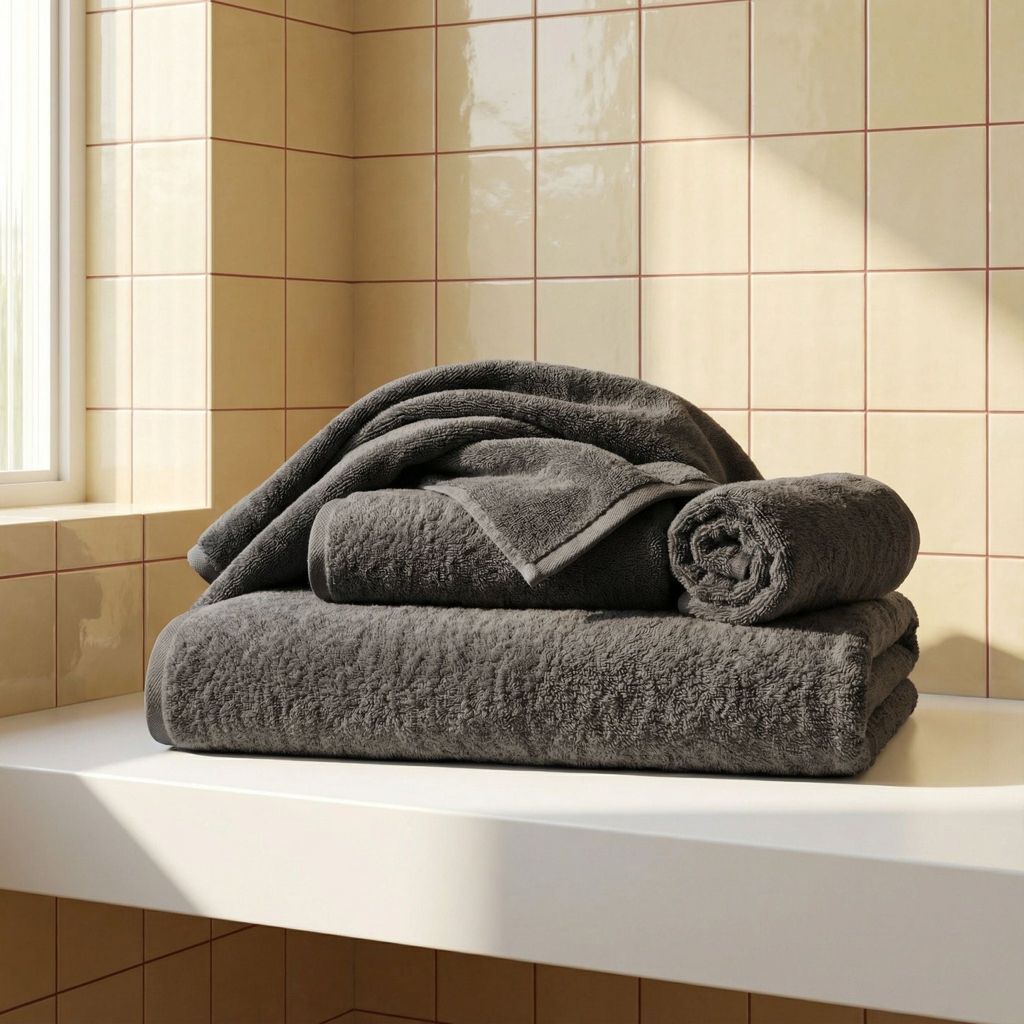 Charcoal gray cotton towels, plush terry, neatly stacked on a ledge