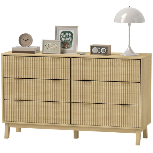 HOMCOM 6 Drawer Double Dresser for Bedroom, Fluted Chest of Drawers with Gold Finger Pulls and 5 Wood Legs, Natural Wood - Renee Lane Company