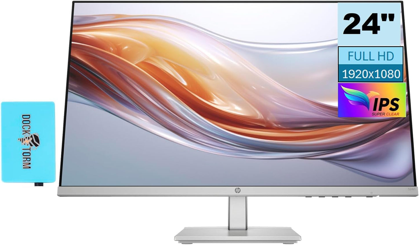 HP Series 5 524sh Monitor (Replaces M24h) 24" FHD IPS 300 Nits Display w/Docztorm USB Port Expander 1x HDMI 1x VGA Flicker-Free -5 to +25 Degrees Adjustable Tilt Black/Silver (2024 Latest Model) - Renee Lane Company