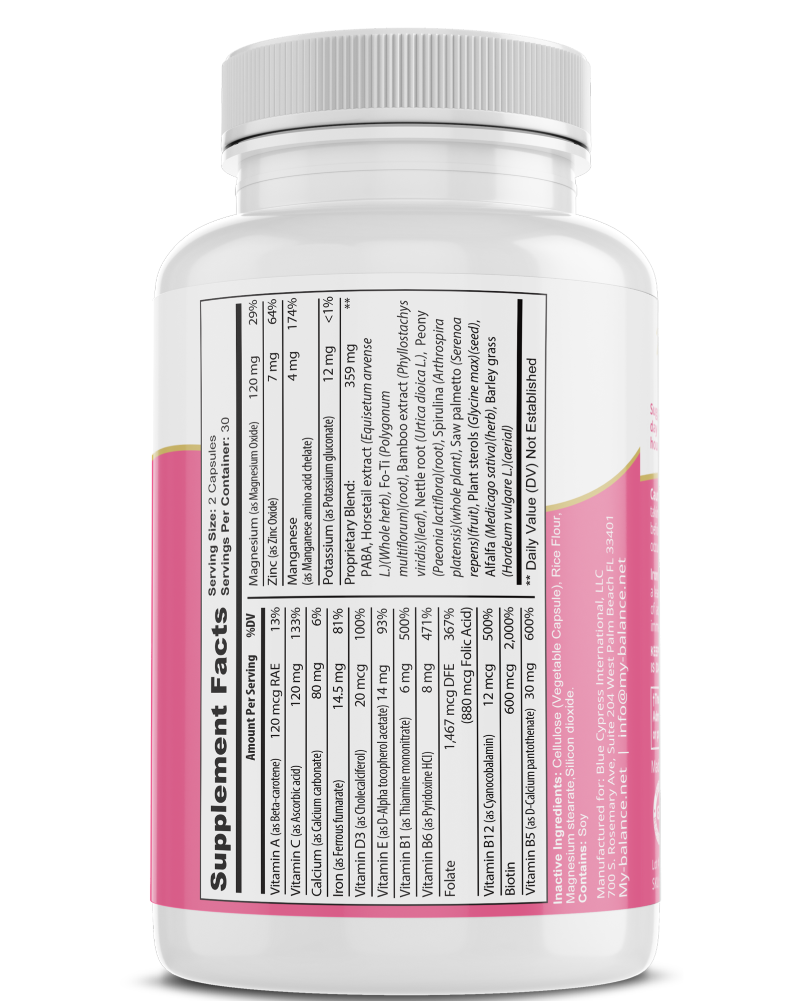 my balance supplement facts panel on Hair, Skin & Nails with Biotin bottle, pink accents