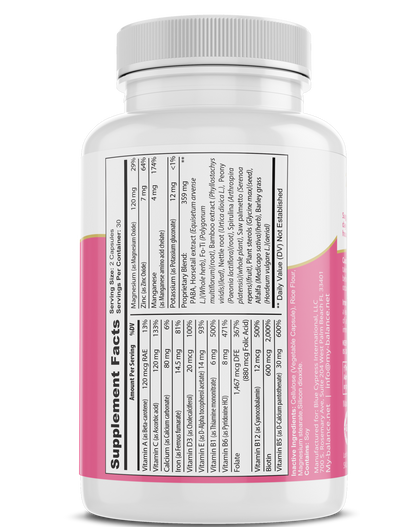 my balance supplement facts panel on Hair, Skin & Nails with Biotin bottle, pink accents