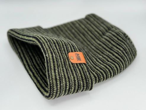 Folded ribbed beanie with green-and-black striped knit and orange logo label