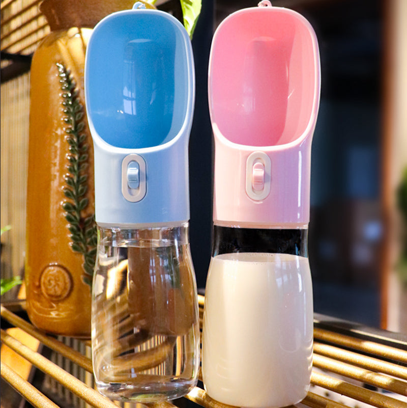 Pet dog water feeder bottle, blue and pink with clear bottle chamber