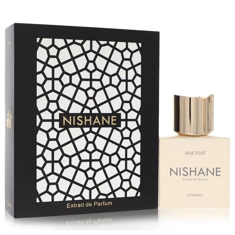 Unisex perfume set: Hacivat by Nishane box with geometric pattern and perfume bottle