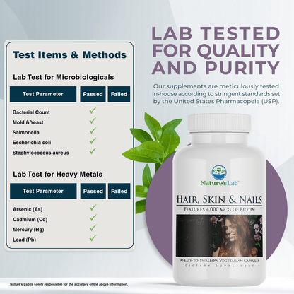 Hair, Skin & Nails capsule bottle with lab tested quality badge
