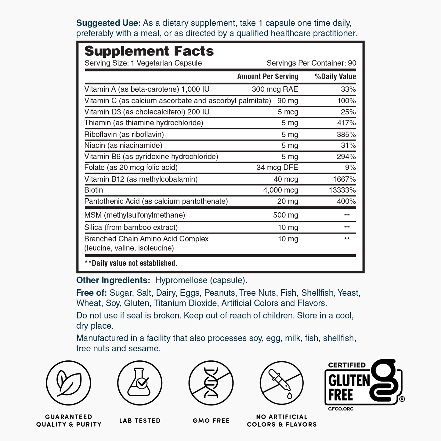 Supplement Facts panel for vegetarian capsules, serving size 1 capsule