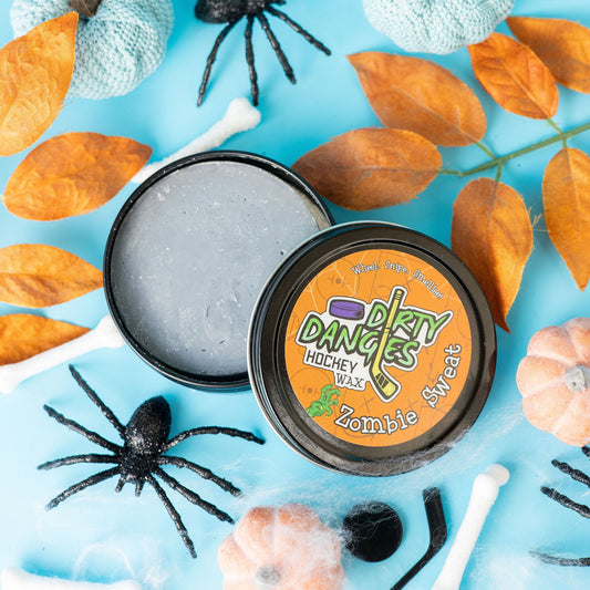 Hockey wax tin set with orange Dirty Dangles Zombie Sweat label and gray wax lids