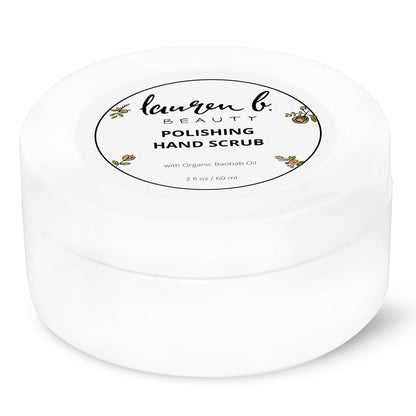 Polishing hand scrub in white plastic jar with round label on lid