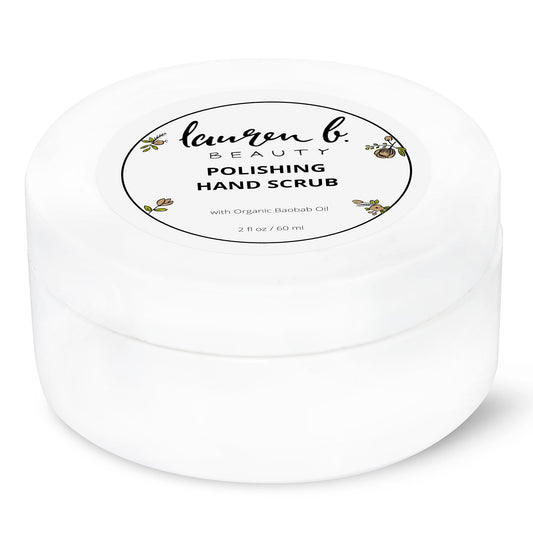 Polishing hand scrub in white plastic jar with round label on lid