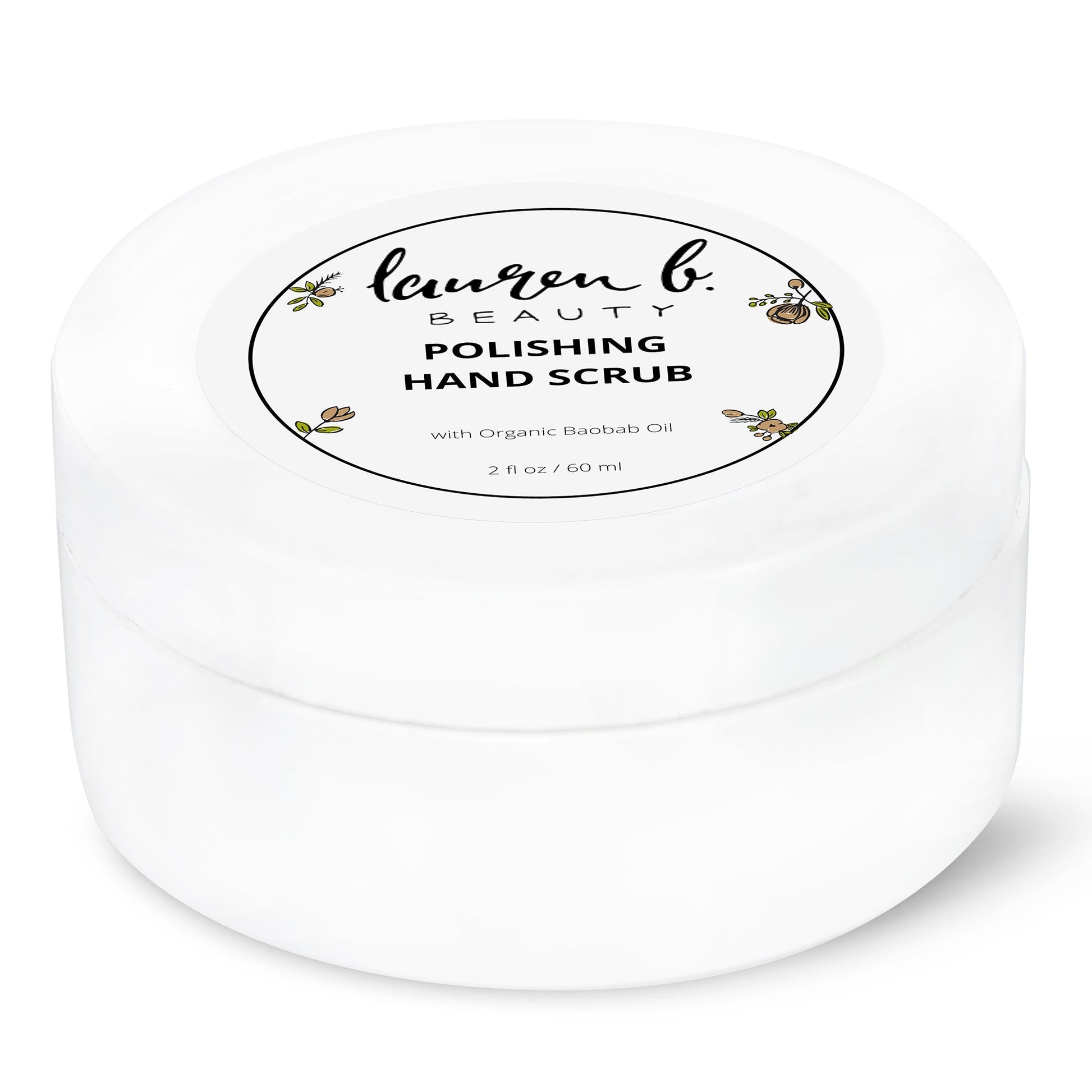 Lauren B Beauty polishing hand scrub jar, white round container