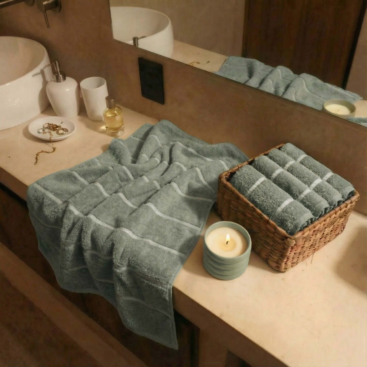 Sage green cotton towels with white stripe detail, folded on bathroom vanity