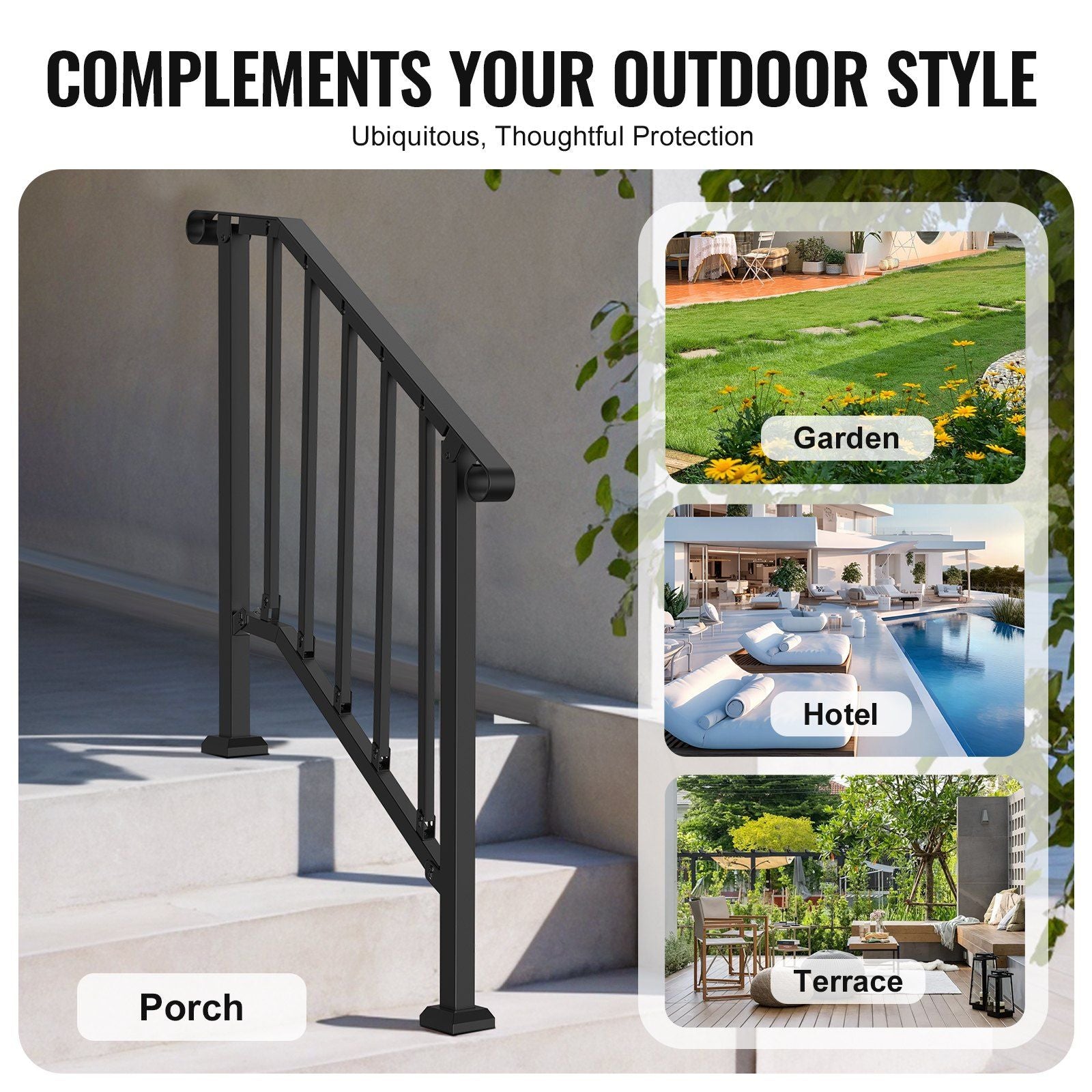 Handrails for Outdoor Steps, 2-3 Step Stair Hand Rail Kit, Transitional Carbon Steel Railings with Installation Kit, Stair Rails for Seniors, Concrete Steps & Porch & Deck, Black Retro Arch - Renee Lane Company