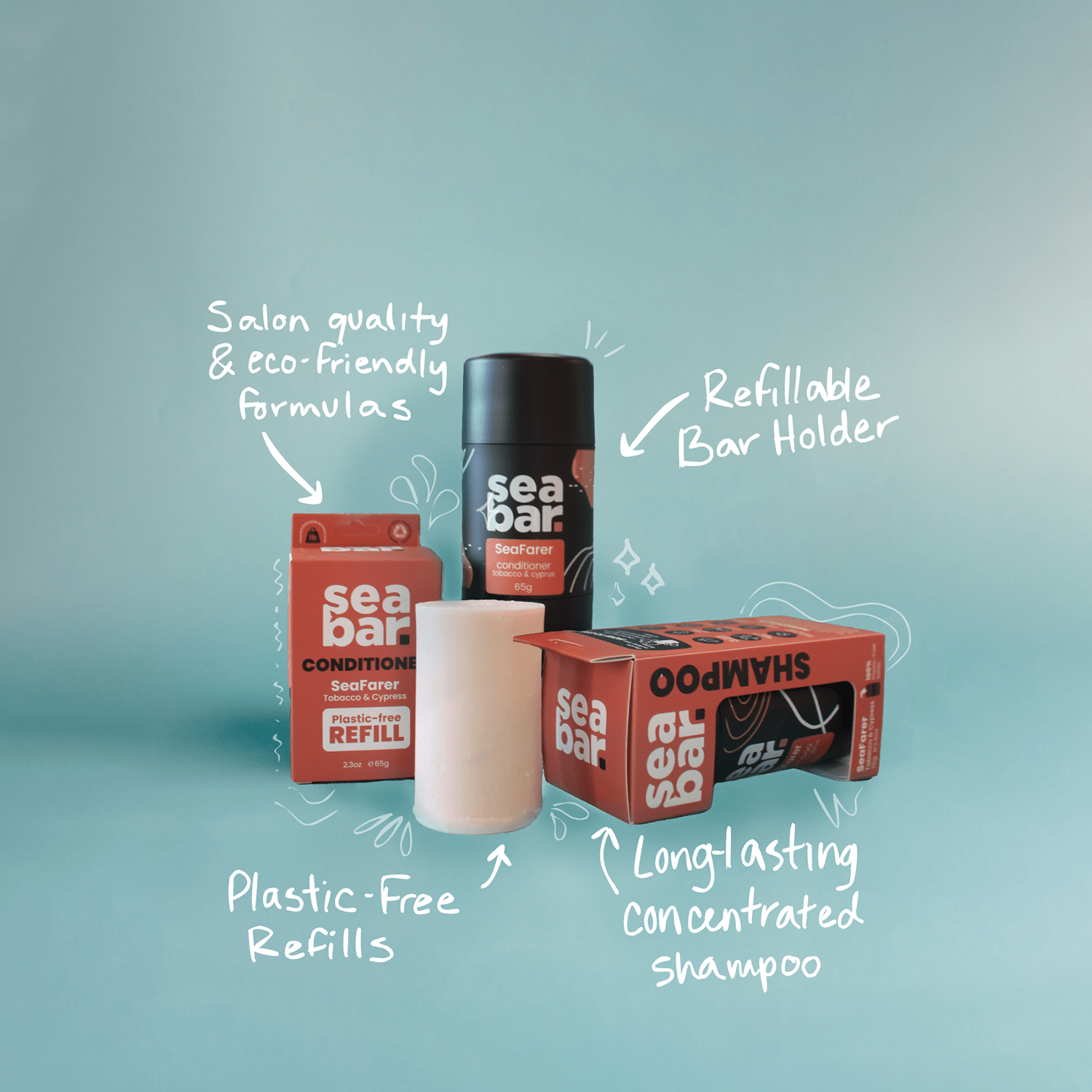 Refillable shampoo bar setup with bar holder and refill pack, plastic-free