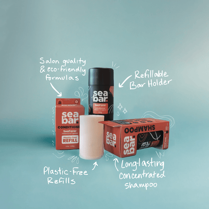 Refillable shampoo bar setup with bar holder and refill pack, plastic-free