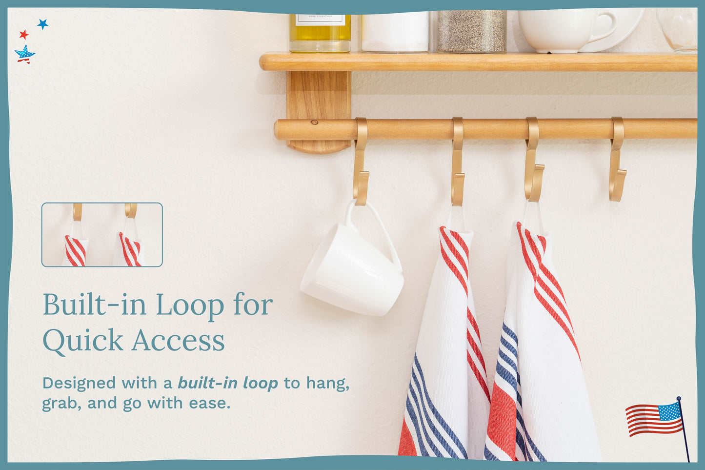 Red and blue striped kitchen towels with built-in hanging loops