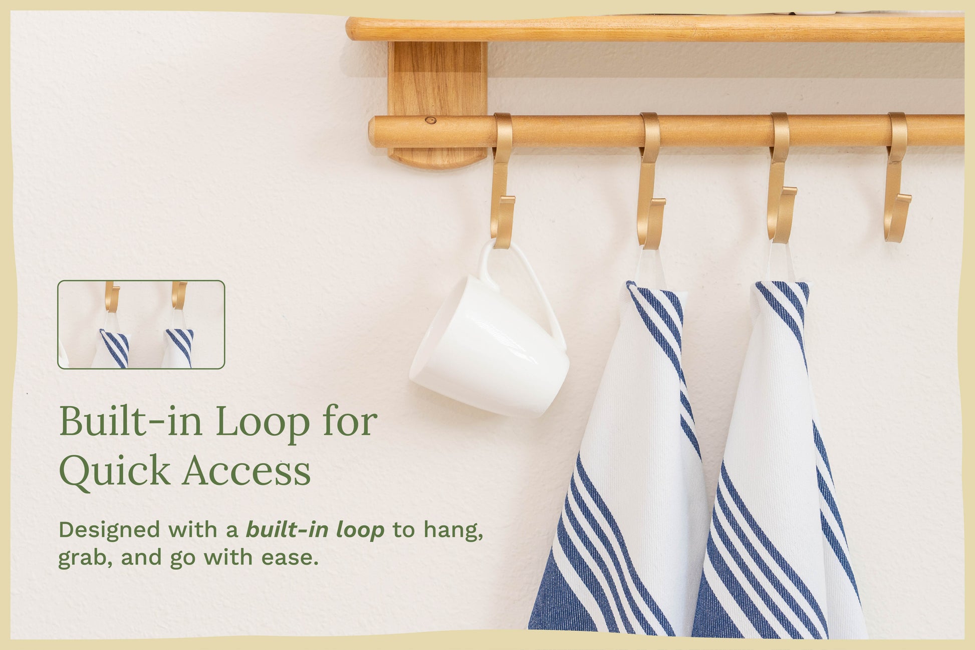 Kitchen towels with navy-and-white stripes hanging on a rod, looped top visible.