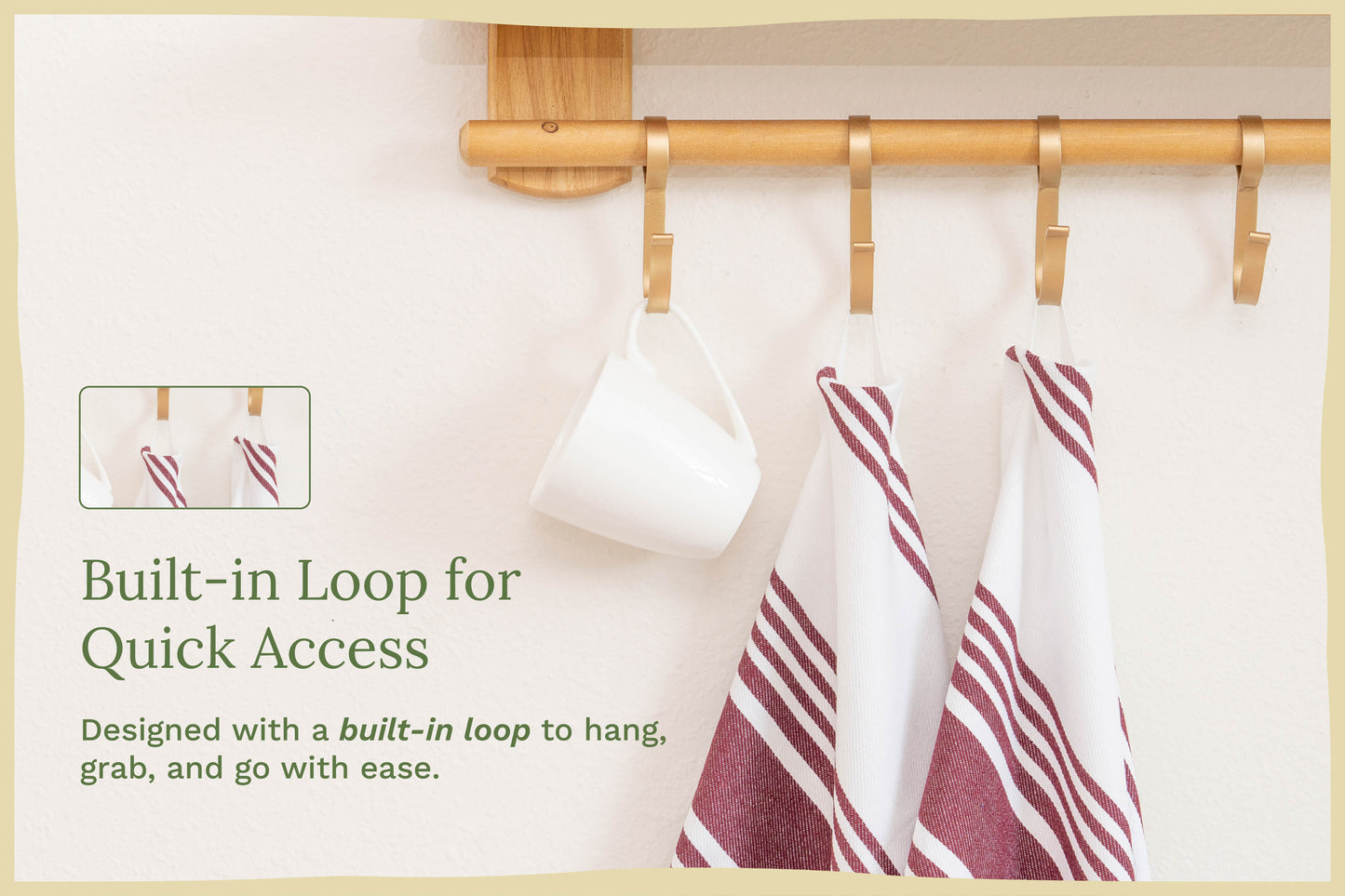 Striped kitchen towels with built-in hanging loop, white with maroon and white stripes