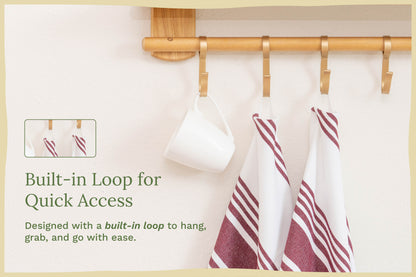 Striped kitchen towels with built-in hanging loop, white with maroon and white stripes