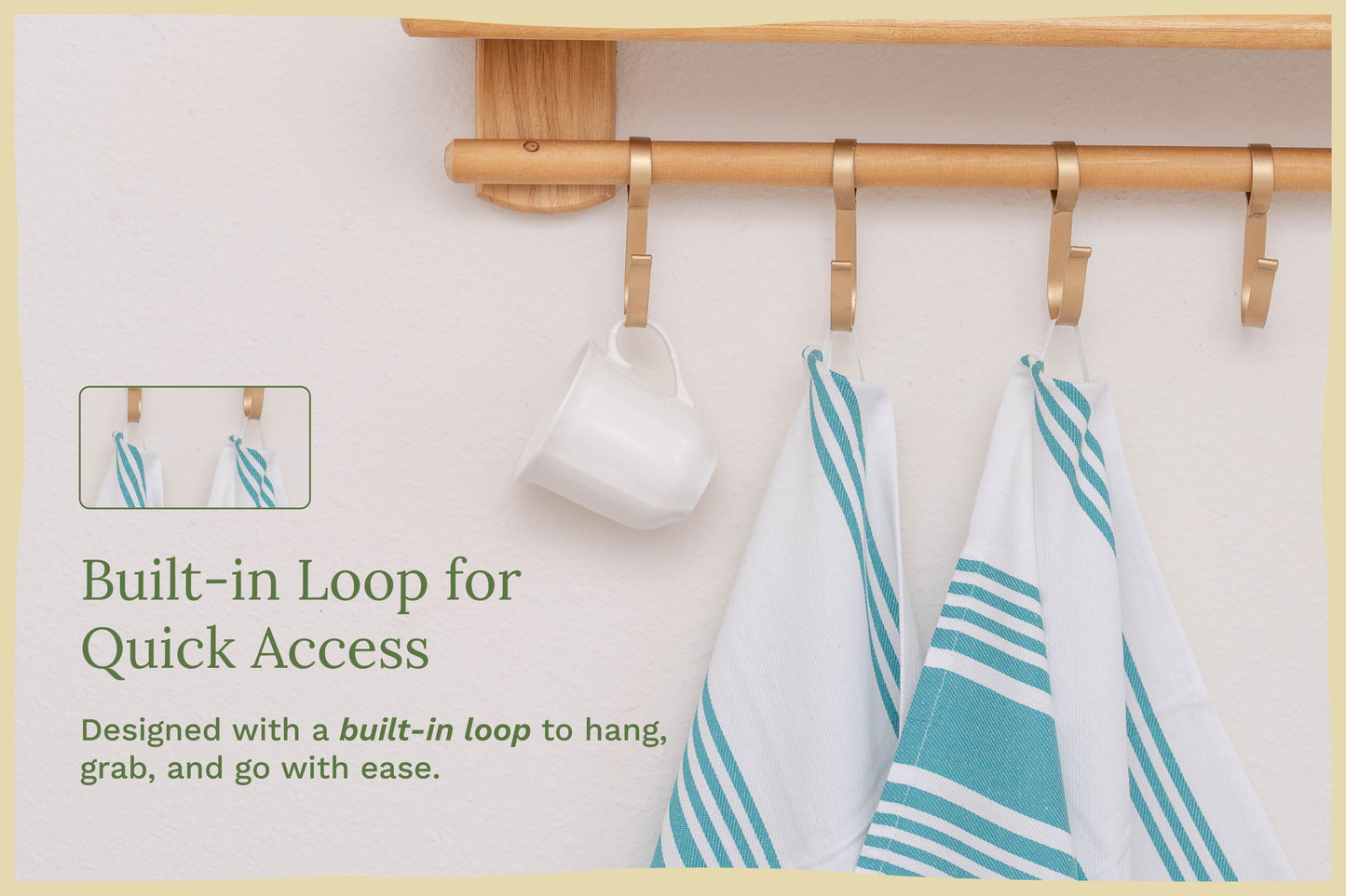 Hanging kitchen towels in white with teal horizontal stripes and built-in loops