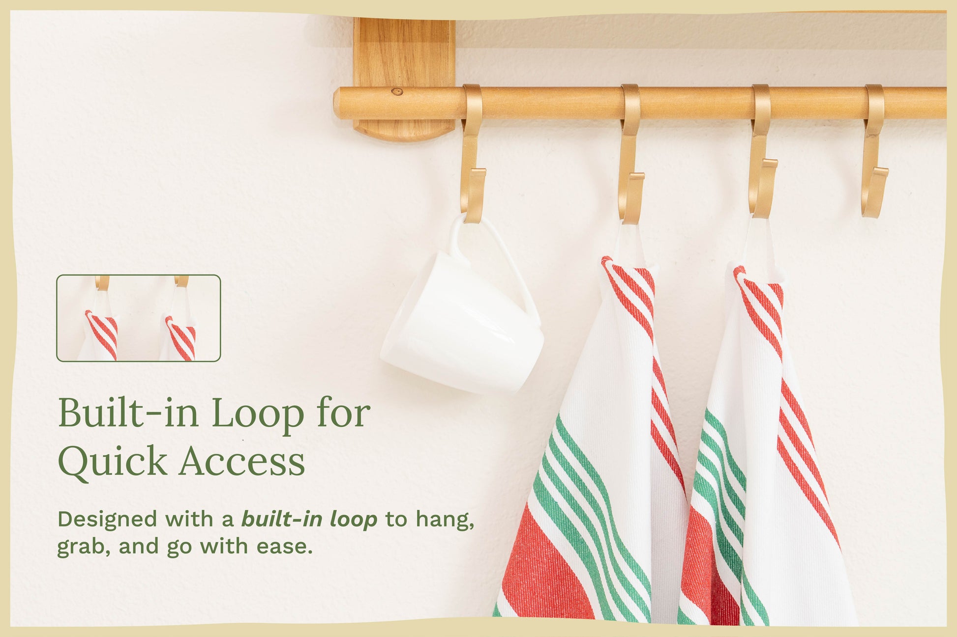 Green and red striped kitchen towels with built-in hanging loops