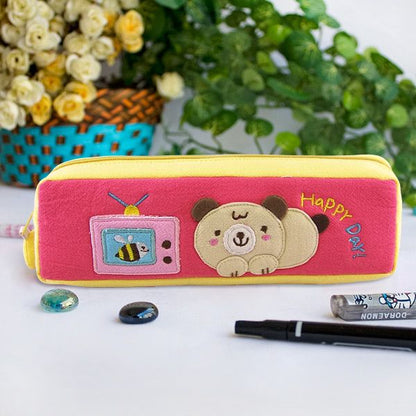 [Happy Day] Embroidered Applique Pencil Pouch Bag / Cosmetic Bag / Carrying Case (7.5*2.5*1.6) - Renee Lane Company