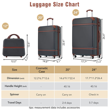 Hardshell Luggage Sets 3 Pieces 20"+24" Luggages and Cosmetic Case Spinner Suitcase with TSA Lock Lightweight,Black - Renee Lane Company