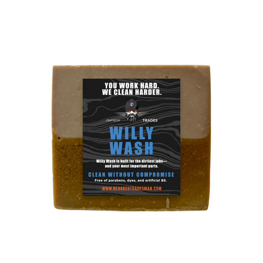 Amber rectangular soap bar with Willy Wash label and brand logo on front