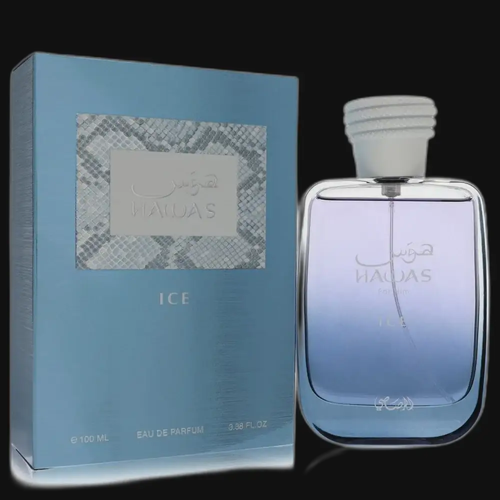 Rasasi Hawas Ice men’s eau de parfum bottle and blue box, clear glass, white cap