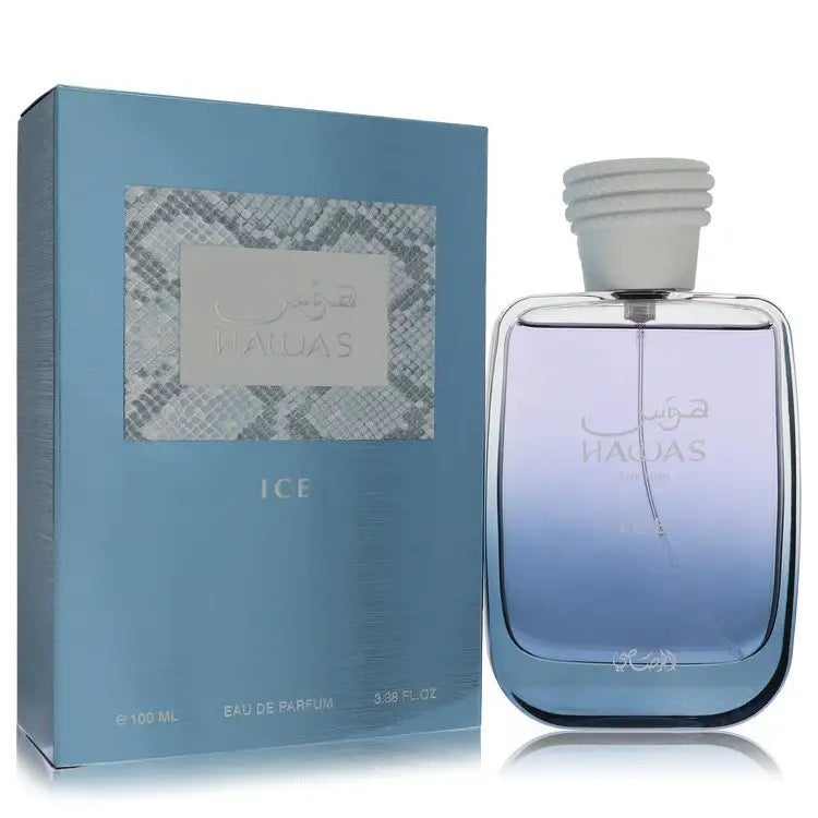 Rasasi Hawas Ice eau de parfum set: front bottle with blue base and matching blue box