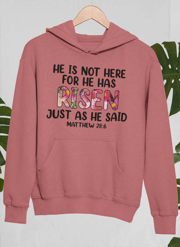 Mauve pullover hoodie with front text graphic and kangaroo pocket, hood drawstrings