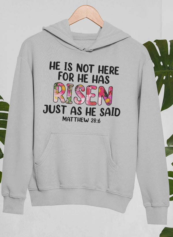 Athletic heather gray hoodie with front pocket and “He has Risen” graphic