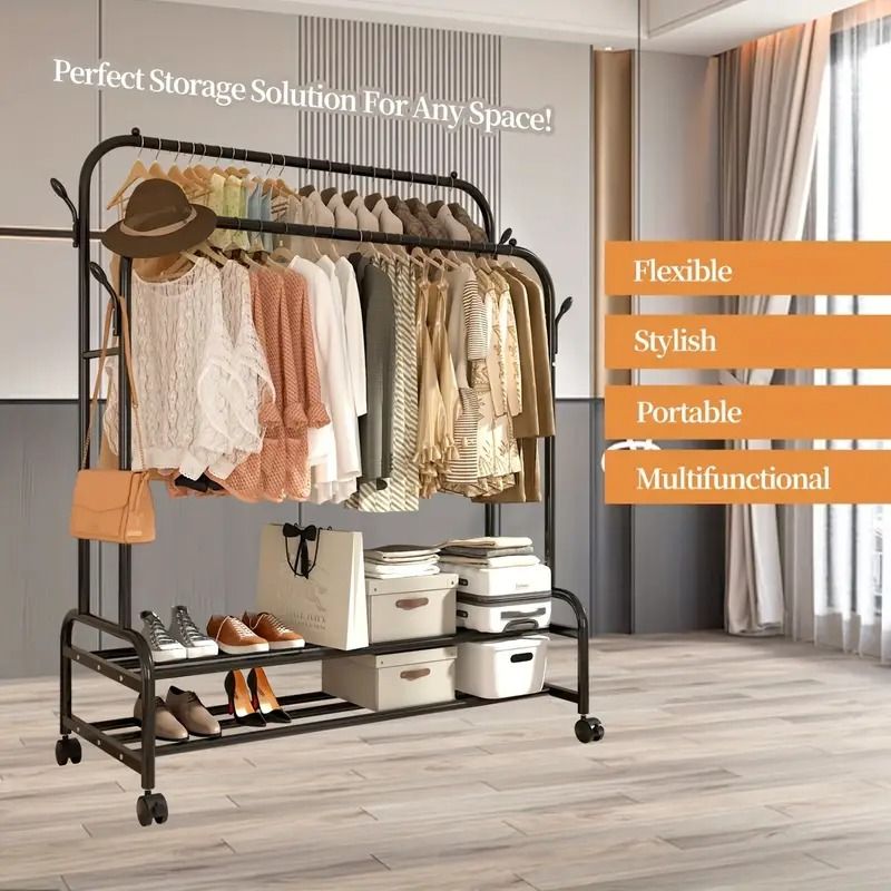 Heavy-Duty Rolling Metal Garment Rack with Dual Bars - Portable Clothes Hanger w/Shelves - Hooks, Multi-Functional Wardrobe Organizer for Bedroom/Laundry, - Renee Lane Company