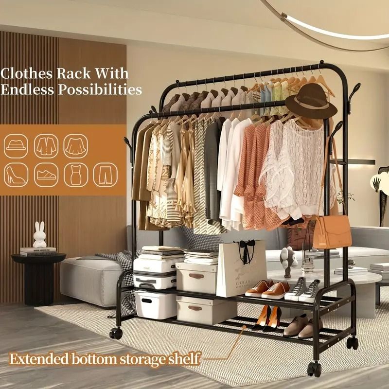 Heavy-Duty Rolling Metal Garment Rack with Dual Bars - Portable Clothes Hanger w/Shelves - Hooks, Multi-Functional Wardrobe Organizer for Bedroom/Laundry, - Renee Lane Company