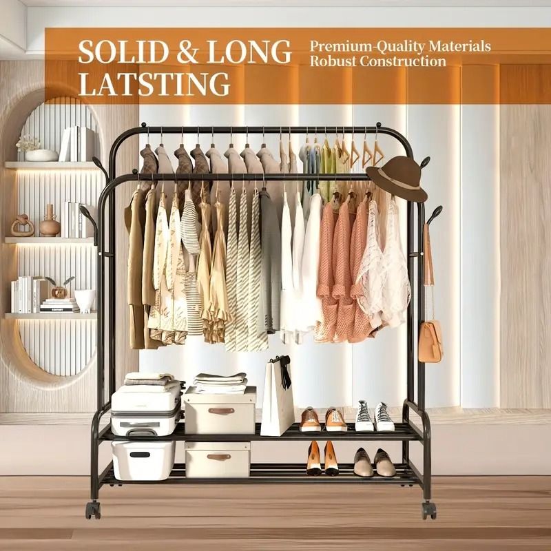 Heavy-Duty Rolling Metal Garment Rack with Dual Bars - Portable Clothes Hanger w/Shelves - Hooks, Multi-Functional Wardrobe Organizer for Bedroom/Laundry, - Renee Lane Company