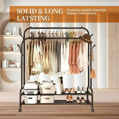 Heavy-Duty Rolling Metal Garment Rack with Dual Bars - Portable Clothes Hanger w/Shelves - Hooks, Multi-Functional Wardrobe Organizer for Bedroom/Laundry, - Renee Lane Company