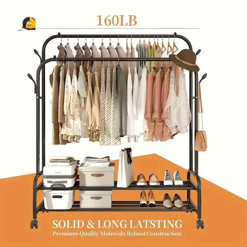 Heavy-Duty Rolling Metal Garment Rack with Dual Bars - Portable Clothes Hanger w/Shelves - Hooks, Multi-Functional Wardrobe Organizer for Bedroom/Laundry, - Renee Lane Company