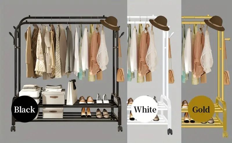Heavy-Duty Rolling Metal Garment Rack with Dual Bars - Portable Clothes Hanger w/Shelves - Hooks, Multi-Functional Wardrobe Organizer for Bedroom/Laundry, - Renee Lane Company