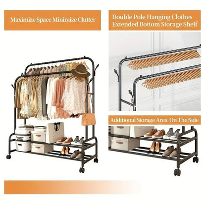 Heavy-Duty Rolling Metal Garment Rack with Dual Bars - Portable Clothes Hanger w/Shelves - Hooks, Multi-Functional Wardrobe Organizer for Bedroom/Laundry, - Renee Lane Company
