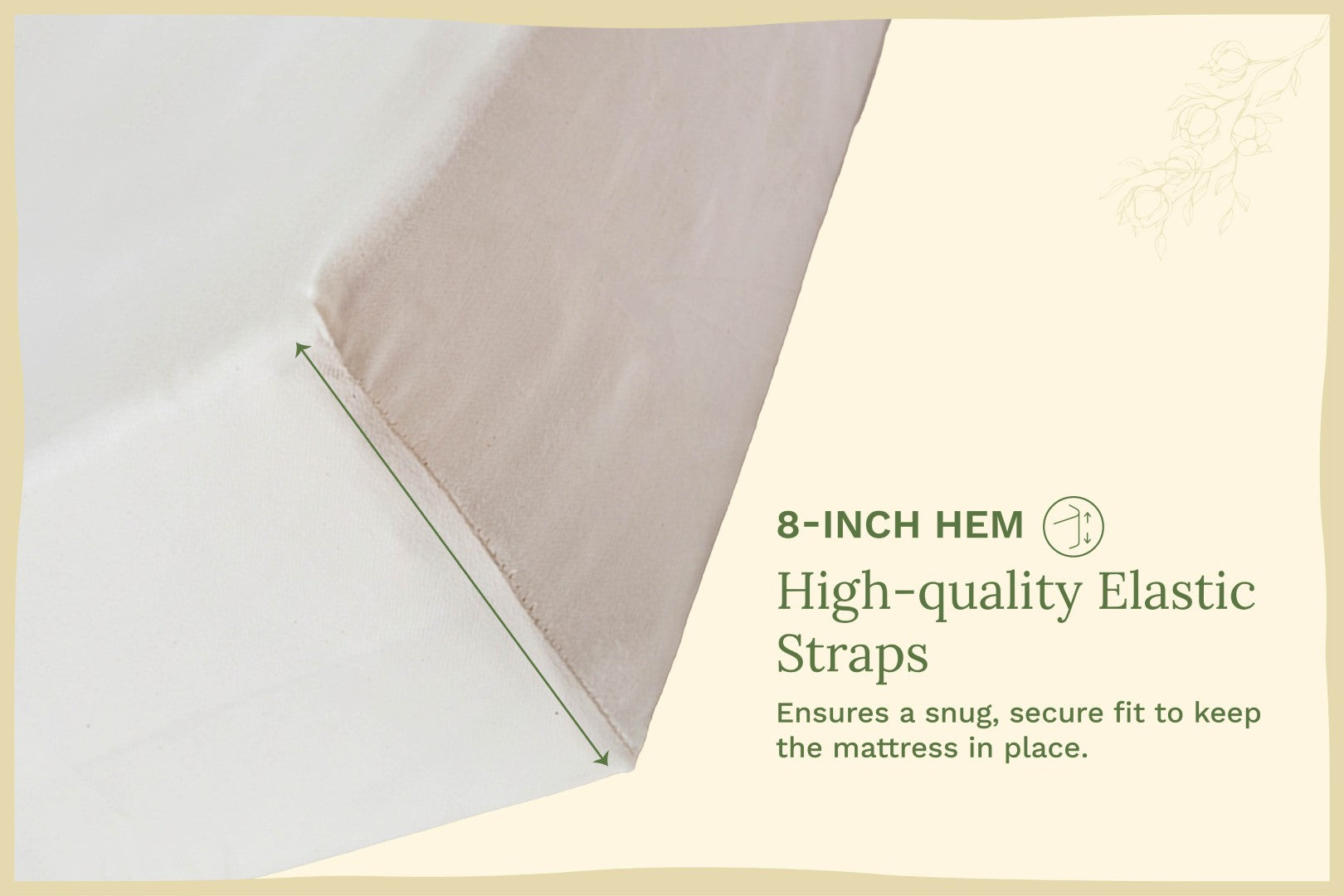 Baby crib fitted sheet detail, 8-inch hem and elastic straps edge close-up