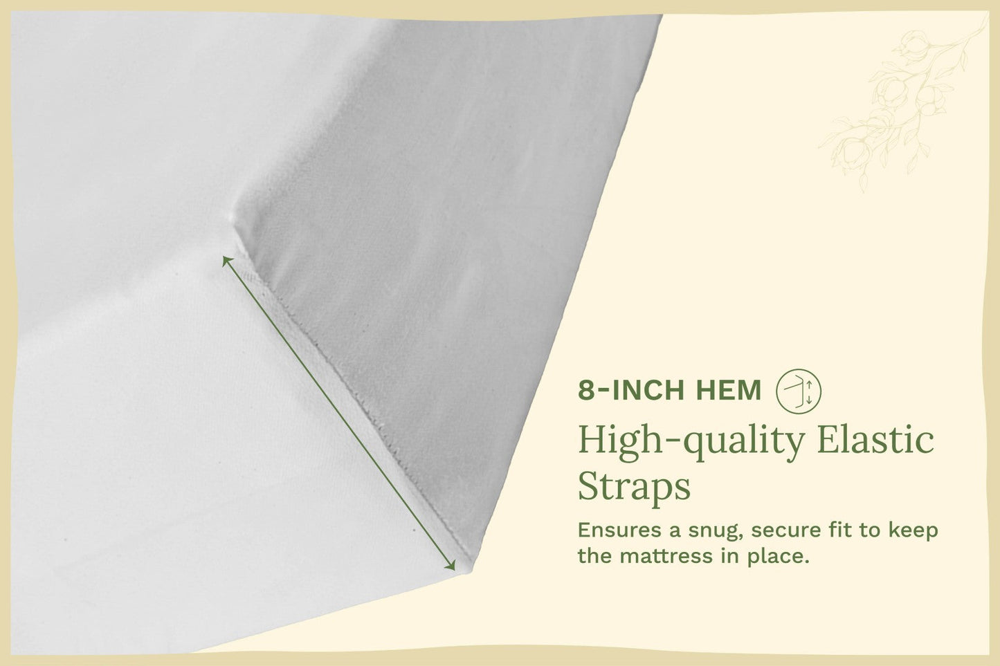 Light gray fitted crib sheet with 8-inch hem and elastic edge straps