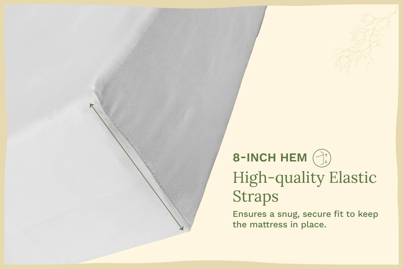 Light gray fitted crib sheet with 8-inch hem and elastic edge straps