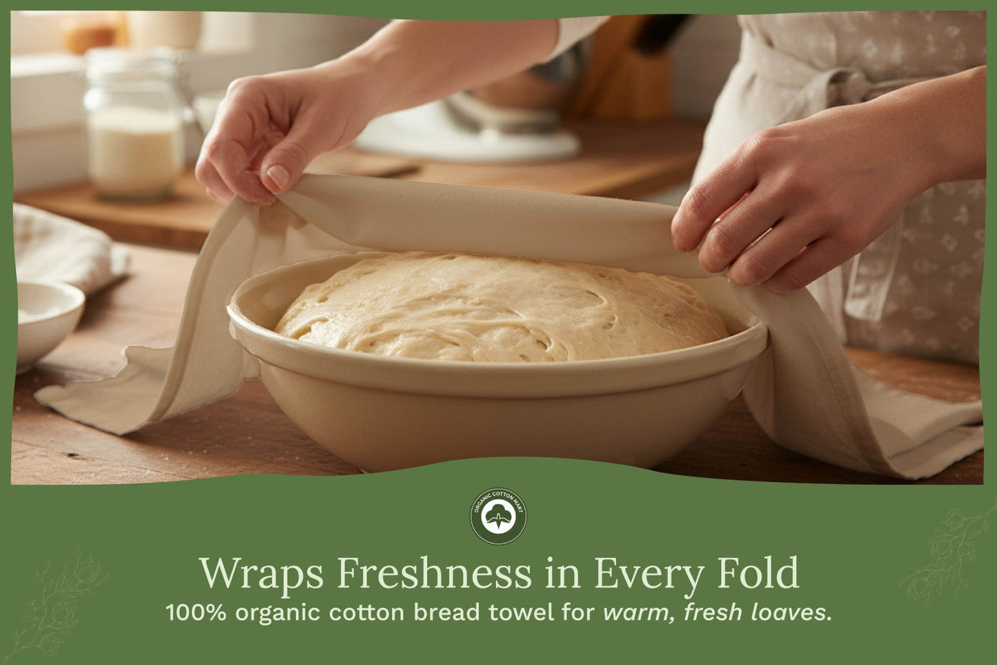 Beige flour sack kitchen towel held over a bowl