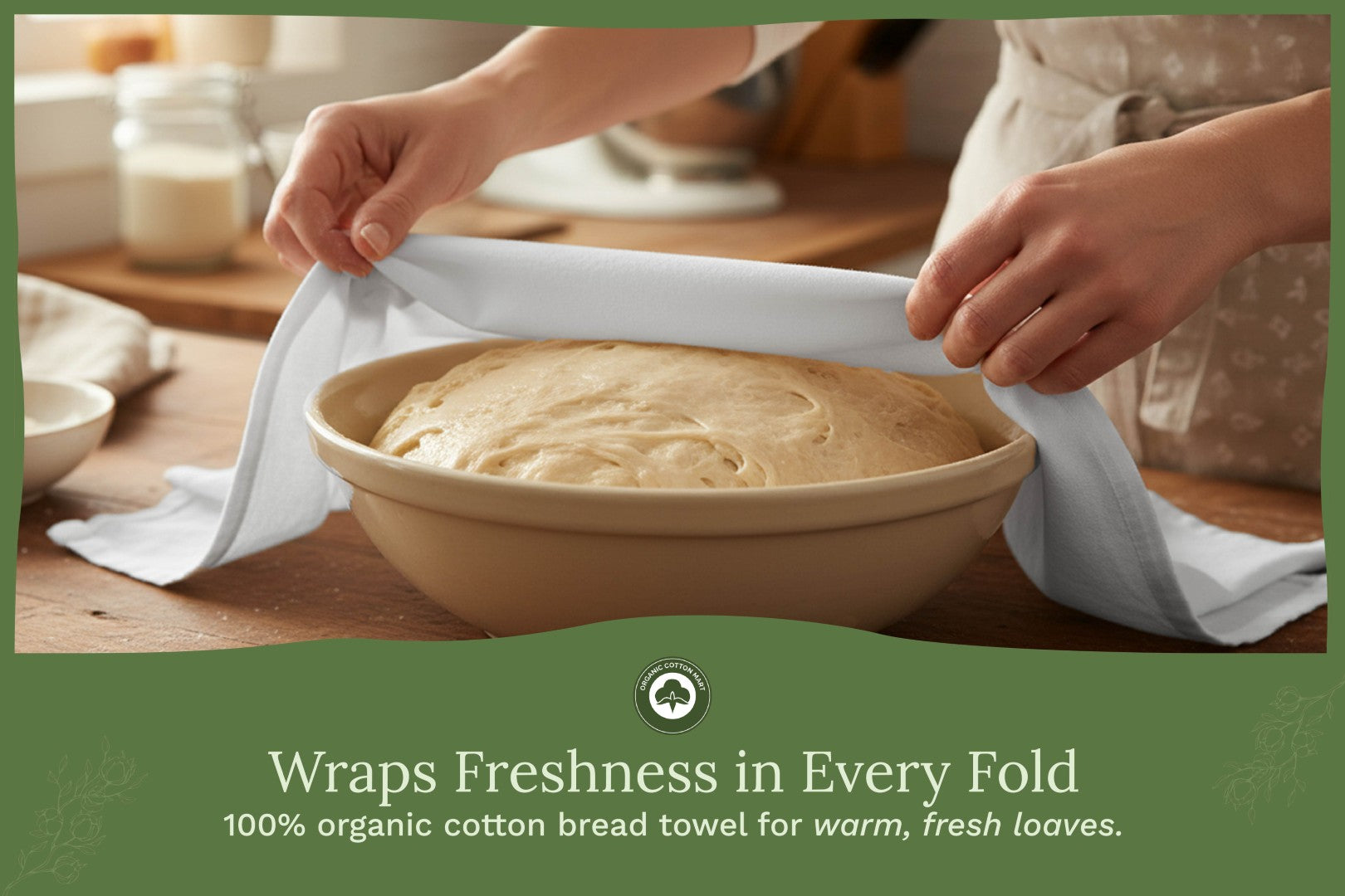 Kitchen flour sack towels draped over dough in a bowl for wrapping