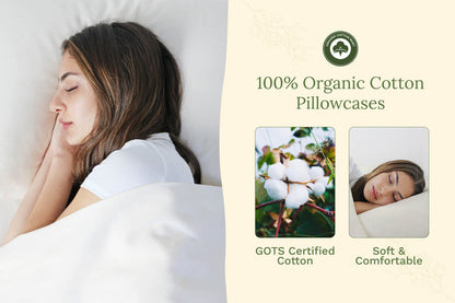 Pure white organic cotton pillowcases on bed, close-up with sleeping person