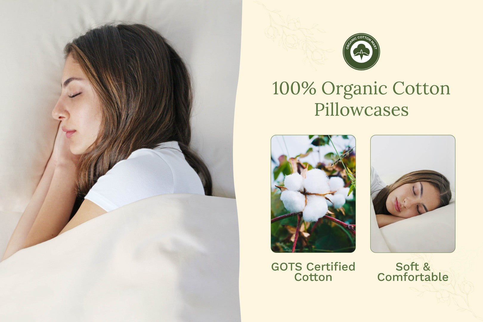 Pure white organic cotton pillowcase set on bed, close-up with sleeping person