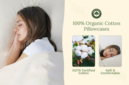 Pure white organic cotton pillowcase set on bed, close-up with sleeping person