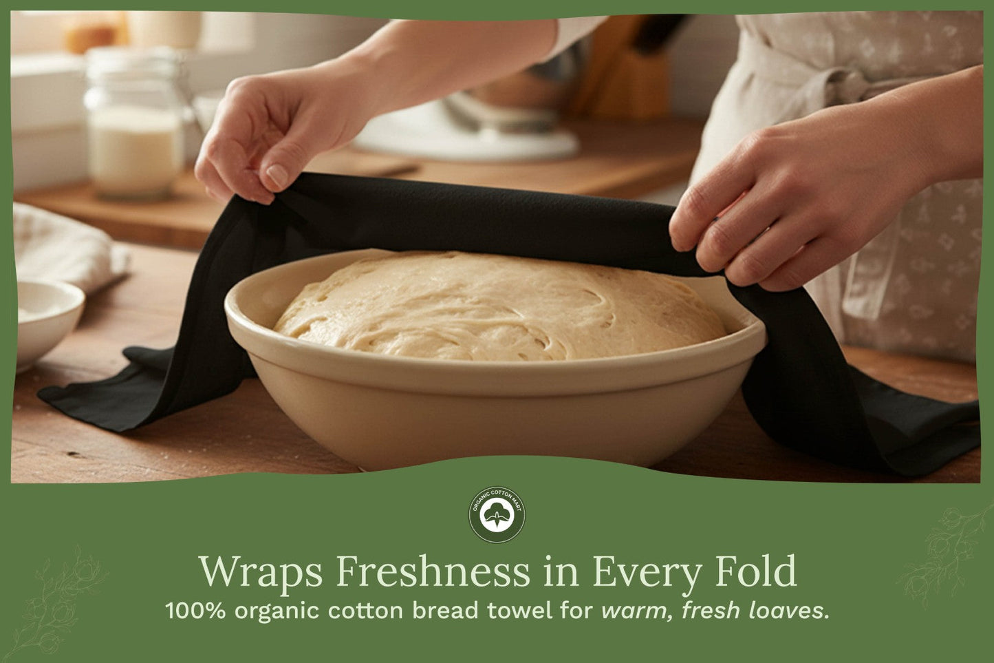 Black flour sack kitchen towel held over a mixing bowl